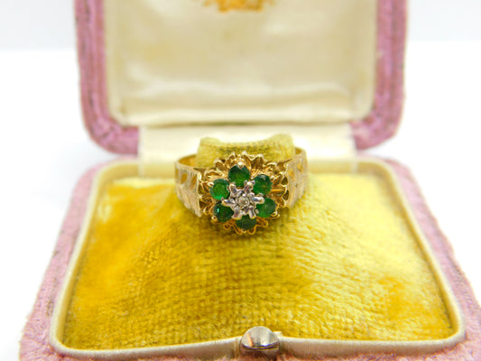 9ct Yellow Gold, Emerald & Diamond Floral Cluster Ring Vintage 1978 London