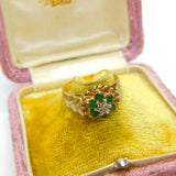 9ct Yellow Gold, Emerald & Diamond Floral Cluster Ring Vintage 1978 London