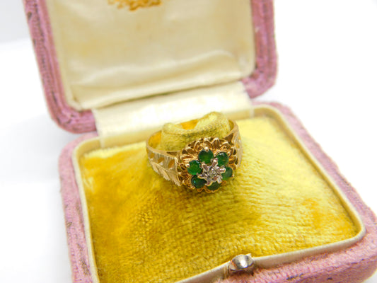 9ct Yellow Gold, Emerald & Diamond Floral Cluster Ring Vintage 1978 London