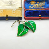 Hans Myhre Norway Sterling Silver Green Enamel Leaf Brooch Antique c1930 Deco