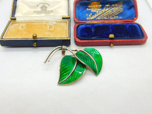 Hans Myhre Norway Sterling Silver Green Enamel Leaf Brooch Antique c1930 Deco