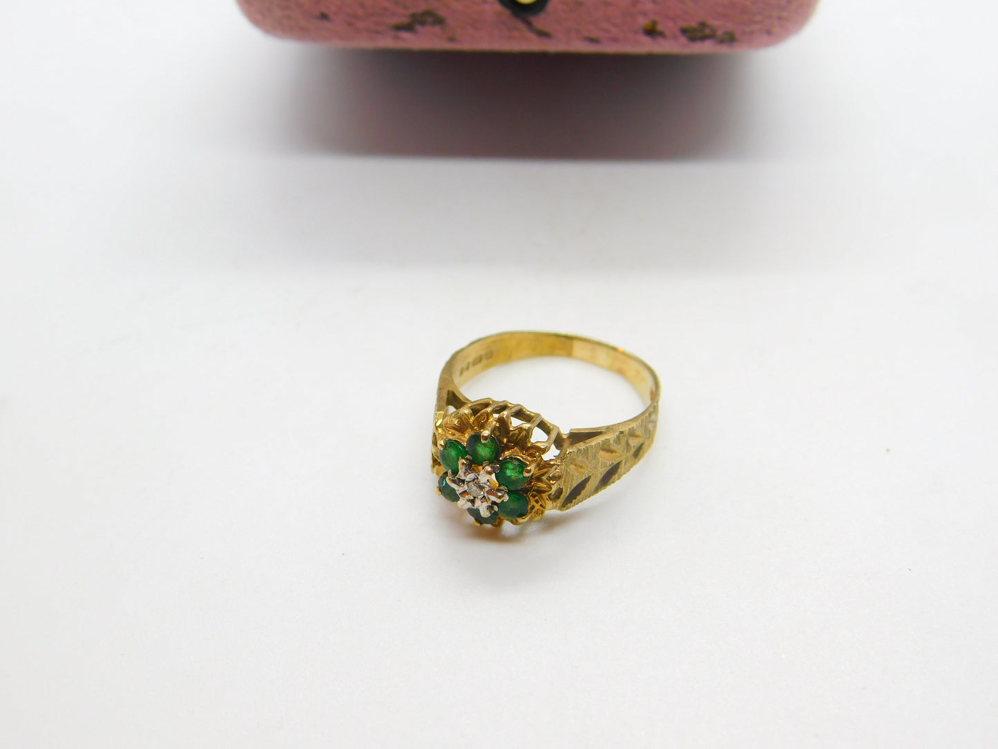 9ct Yellow Gold, Emerald & Diamond Floral Cluster Ring Vintage 1978 London