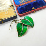 Hans Myhre Norway Sterling Silver Green Enamel Leaf Brooch Antique c1930 Deco