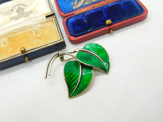 Hans Myhre Norway Sterling Silver Green Enamel Leaf Brooch Antique c1930 Deco