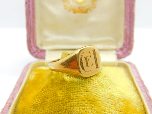 9ct Yellow Gold Monogram Initial CEI Gents Signet Ring Vintage 1977 Sheffield