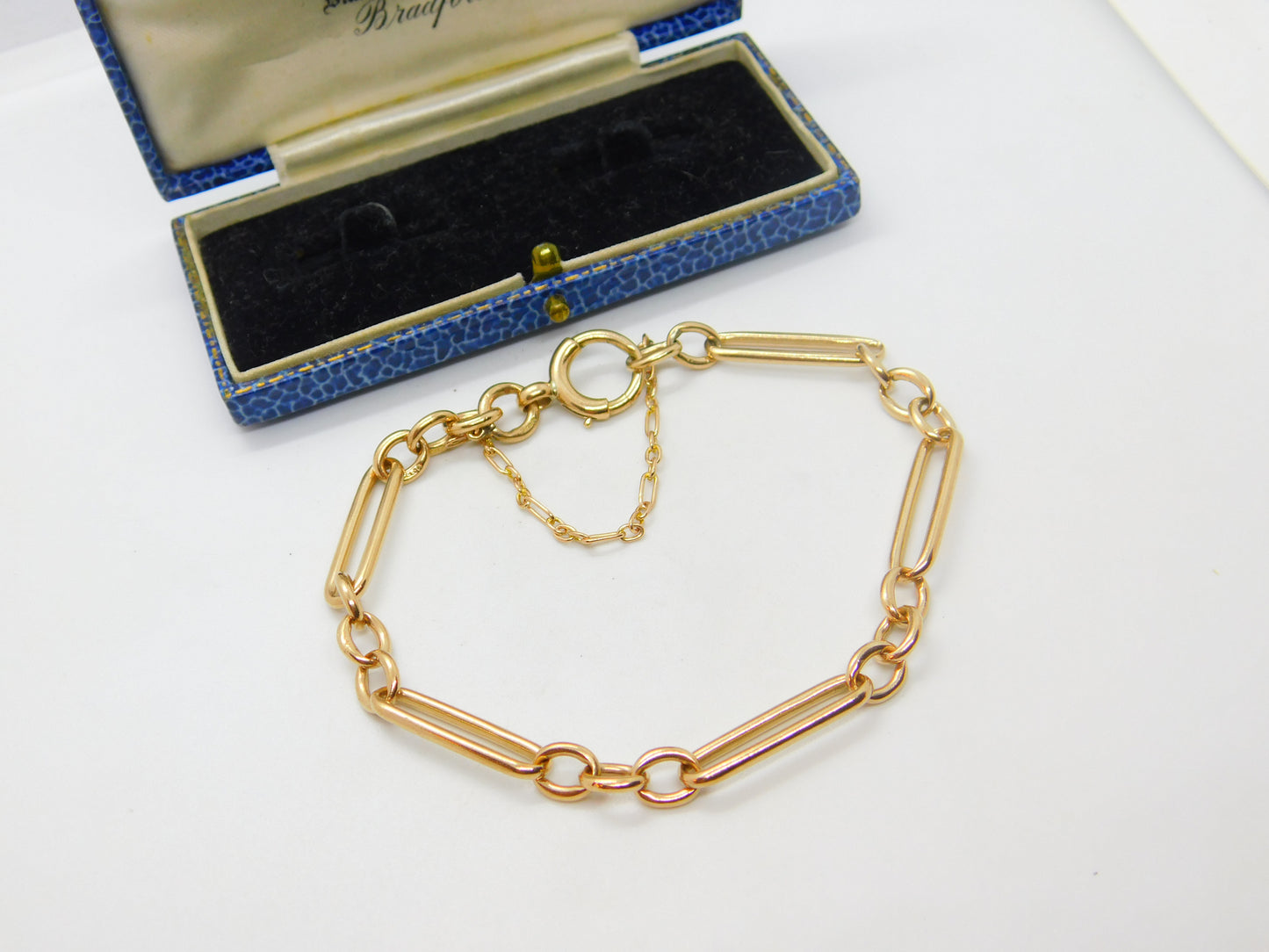 Edwardian 9ct Rose Gold Trombone Link Bracelet with Bolt Ring Antique c1910