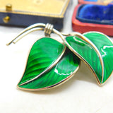 Hans Myhre Norway Sterling Silver Green Enamel Leaf Brooch Antique c1930 Deco