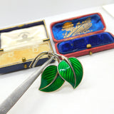 Hans Myhre Norway Sterling Silver Green Enamel Leaf Brooch Antique c1930 Deco