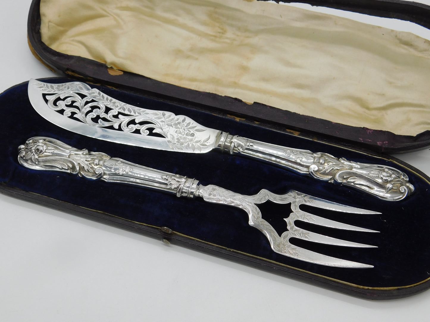 Victorian Sterling Silver Ornate Fish Serving Set 1850 Birmingham George Unite