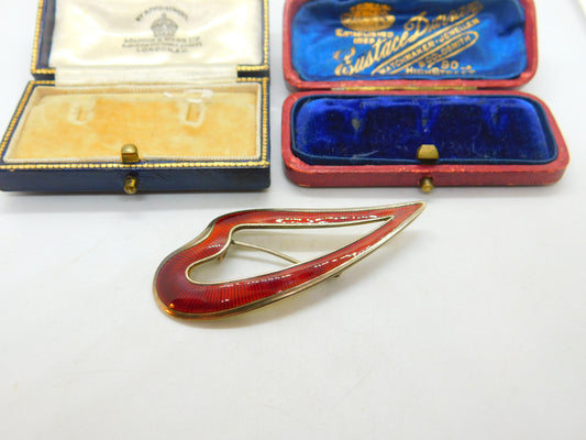 Aksel Holmsen Norway Sterling Silver Gilt & Red Enamel Heart Brooch Antique 1930