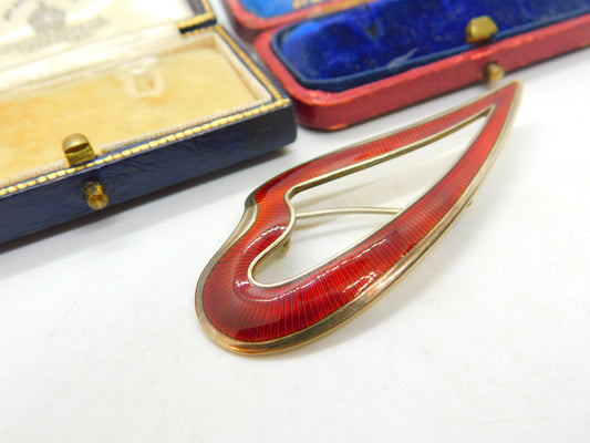 Aksel Holmsen Norway Sterling Silver Gilt & Red Enamel Heart Brooch Antique 1930