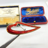 Aksel Holmsen Norway Sterling Silver Gilt & Red Enamel Heart Brooch Antique 1930