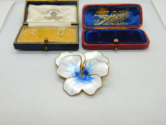 David Andersen Sterling Silver Blue-White Pansy Flower Brooch Antique c1930