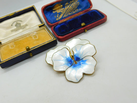 David Andersen Sterling Silver Blue-White Pansy Flower Brooch Antique c1930