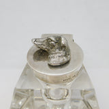Sterling Silver Dog Form Mounted Moulded Glass Ink Pot & Pen Rest Antique Deco