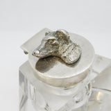 Sterling Silver Dog Form Mounted Moulded Glass Ink Pot & Pen Rest Antique Deco