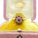 18ct Yellow Gold, Ruby & Diamond Floral Cluster Ring Vintage 1978 London