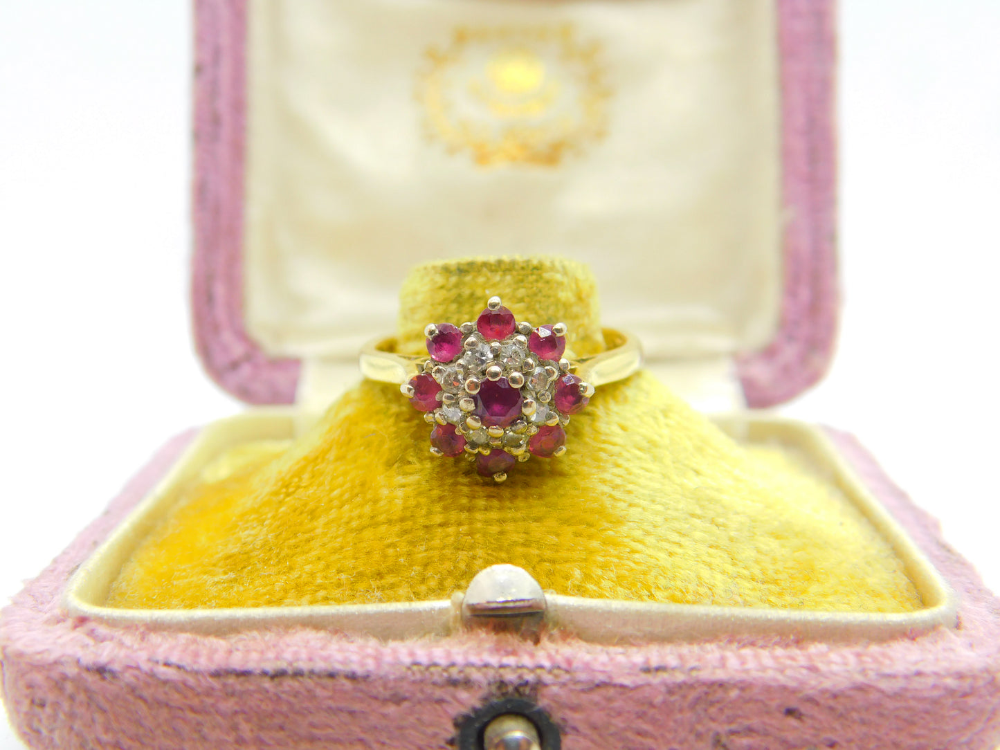 18ct Yellow Gold, Ruby & Diamond Floral Cluster Ring Vintage 1978 London