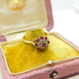 18ct Yellow Gold, Ruby & Diamond Floral Cluster Ring Vintage 1978 London