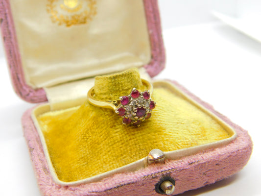 18ct Yellow Gold, Ruby & Diamond Floral Cluster Ring Vintage 1978 London