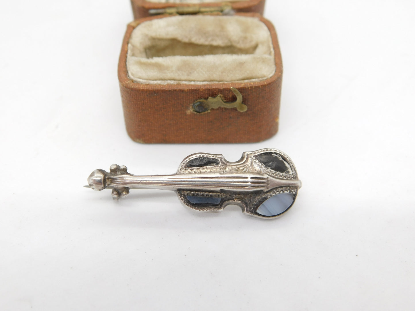 Edwardian Sterling Silver Montrose Agate Scottish Violin Brooch 1908 Antique