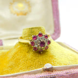 18ct Yellow Gold, Ruby & Diamond Floral Cluster Ring Vintage 1978 London
