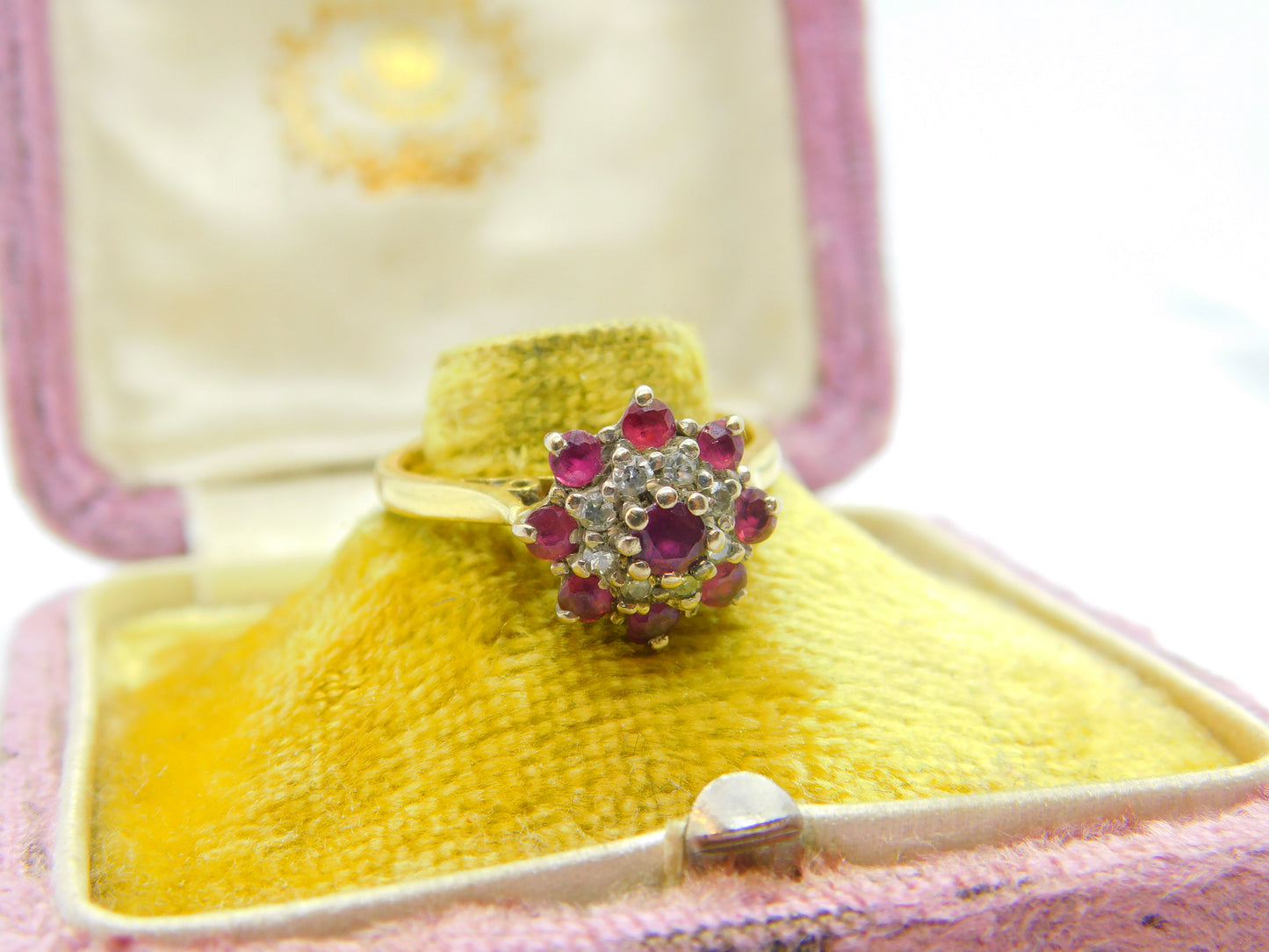 18ct Yellow Gold, Ruby & Diamond Floral Cluster Ring Vintage 1978 London