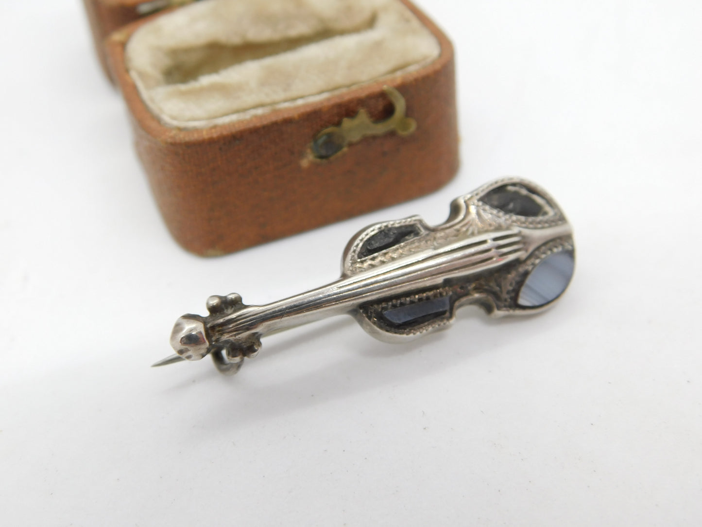 Edwardian Sterling Silver Montrose Agate Scottish Violin Brooch 1908 Antique