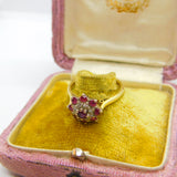 18ct Yellow Gold, Ruby & Diamond Floral Cluster Ring Vintage 1978 London