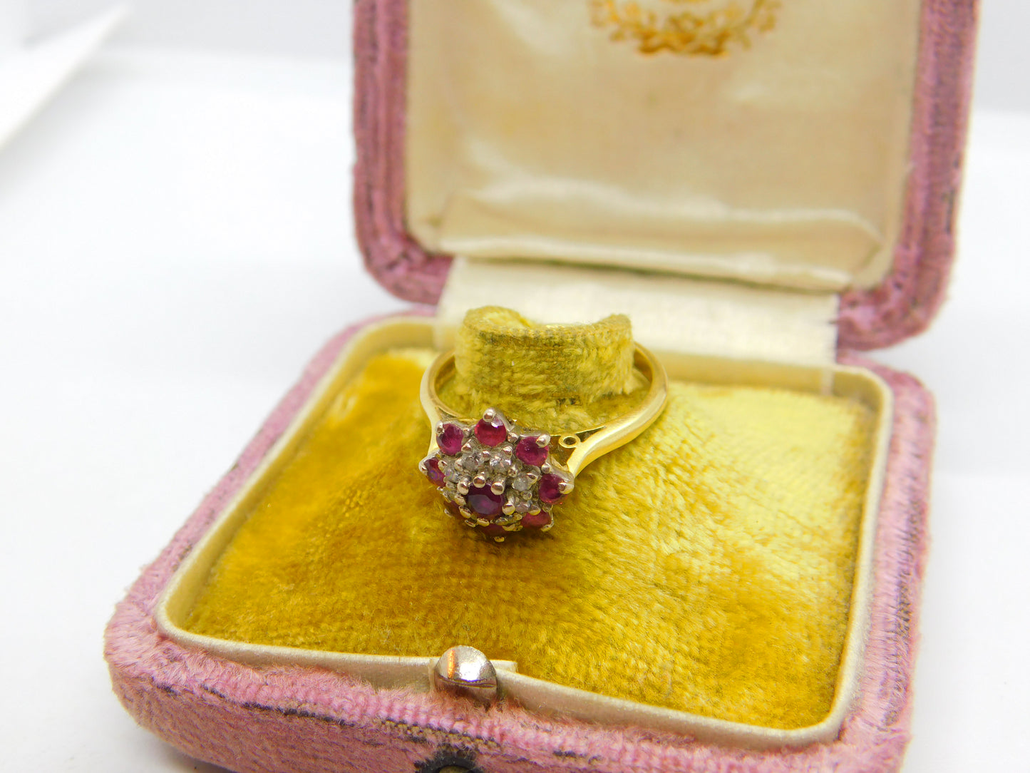 18ct Yellow Gold, Ruby & Diamond Floral Cluster Ring Vintage 1978 London