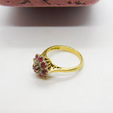 18ct Yellow Gold, Ruby & Diamond Floral Cluster Ring Vintage 1978 London