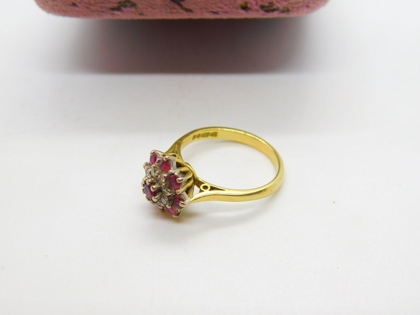 18ct Yellow Gold, Ruby & Diamond Floral Cluster Ring Vintage 1978 London