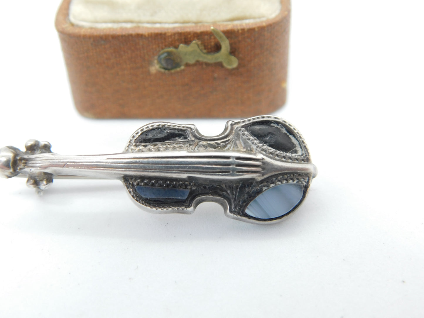 Edwardian Sterling Silver Montrose Agate Scottish Violin Brooch 1908 Antique