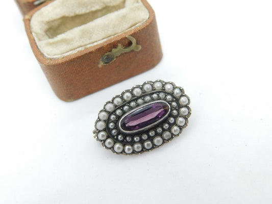 Sterling Silver, Seed Pearl & Amethyst Dress Brooch Antique c1920 Art Deco