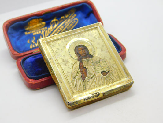 Victorian Russian .84 Silver Gilt Hand Painted Religious Orthodox Icon c1860