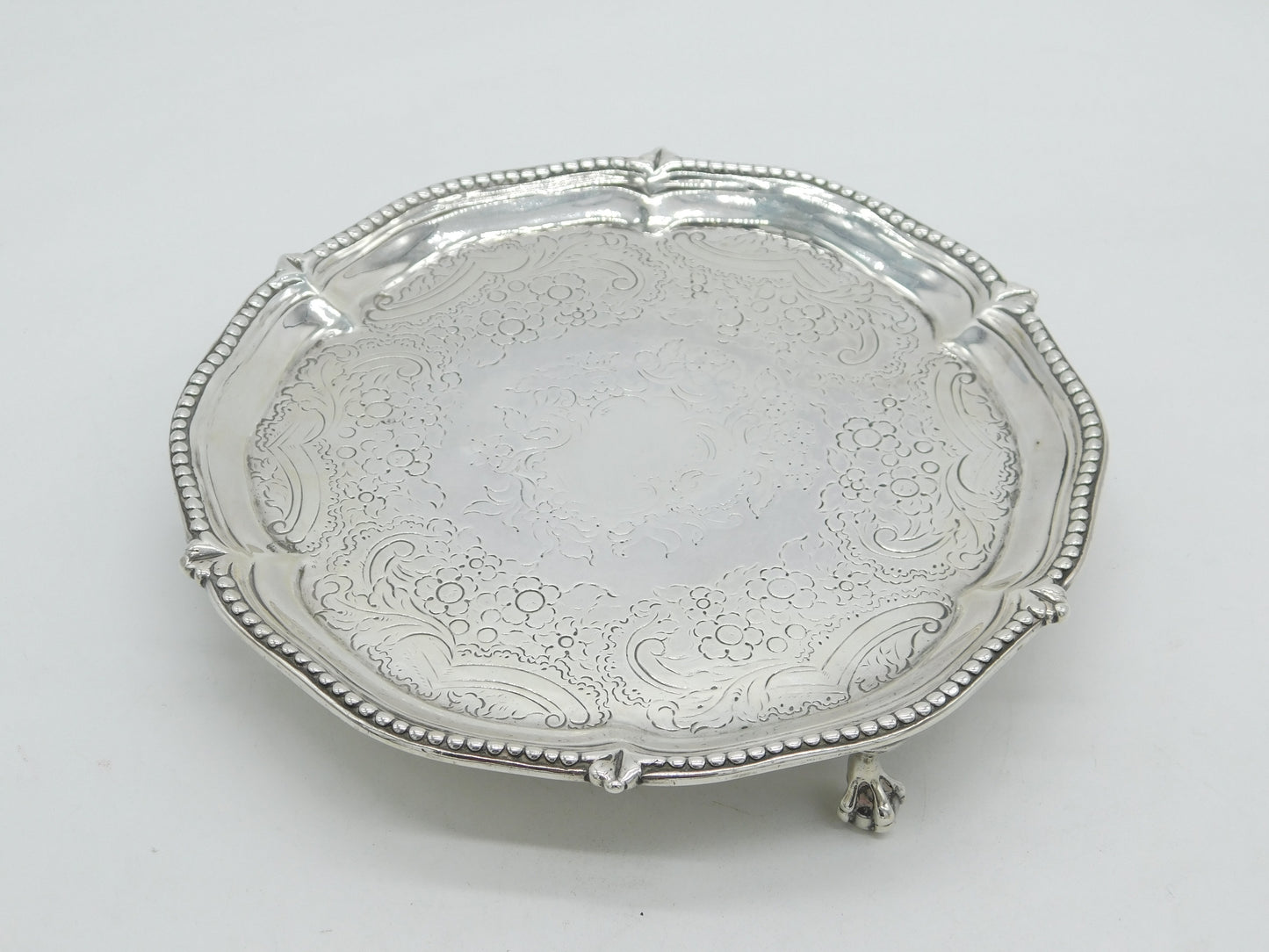 George III Sterling Silver Floral Pattern Salver Dish Antique 1777 London