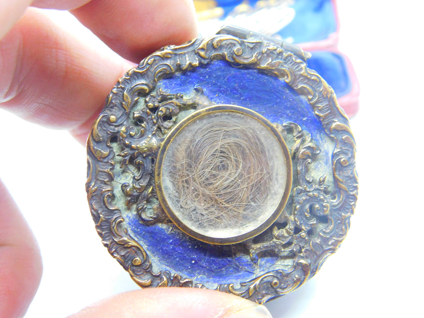 Victorian Gilt Metal, Enamel & Hair Locket Trinket Box 'Countess De La Warr's' Antique 1870