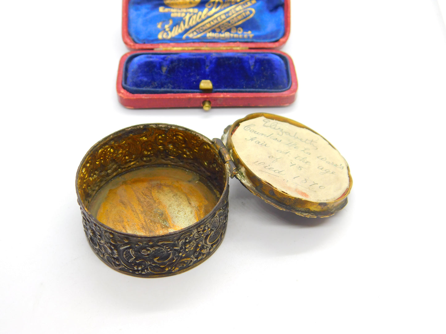 Victorian Gilt Metal, Enamel & Hair Locket Trinket Box 'Countess De La Warr's' Antique 1870