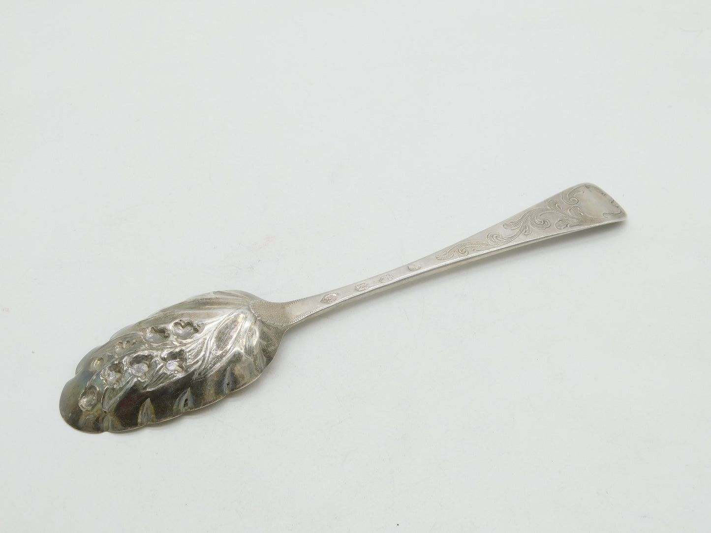 George III Irish Sterling Silver Berry Pattern Dessert Spoon 1761 Dublin Antique