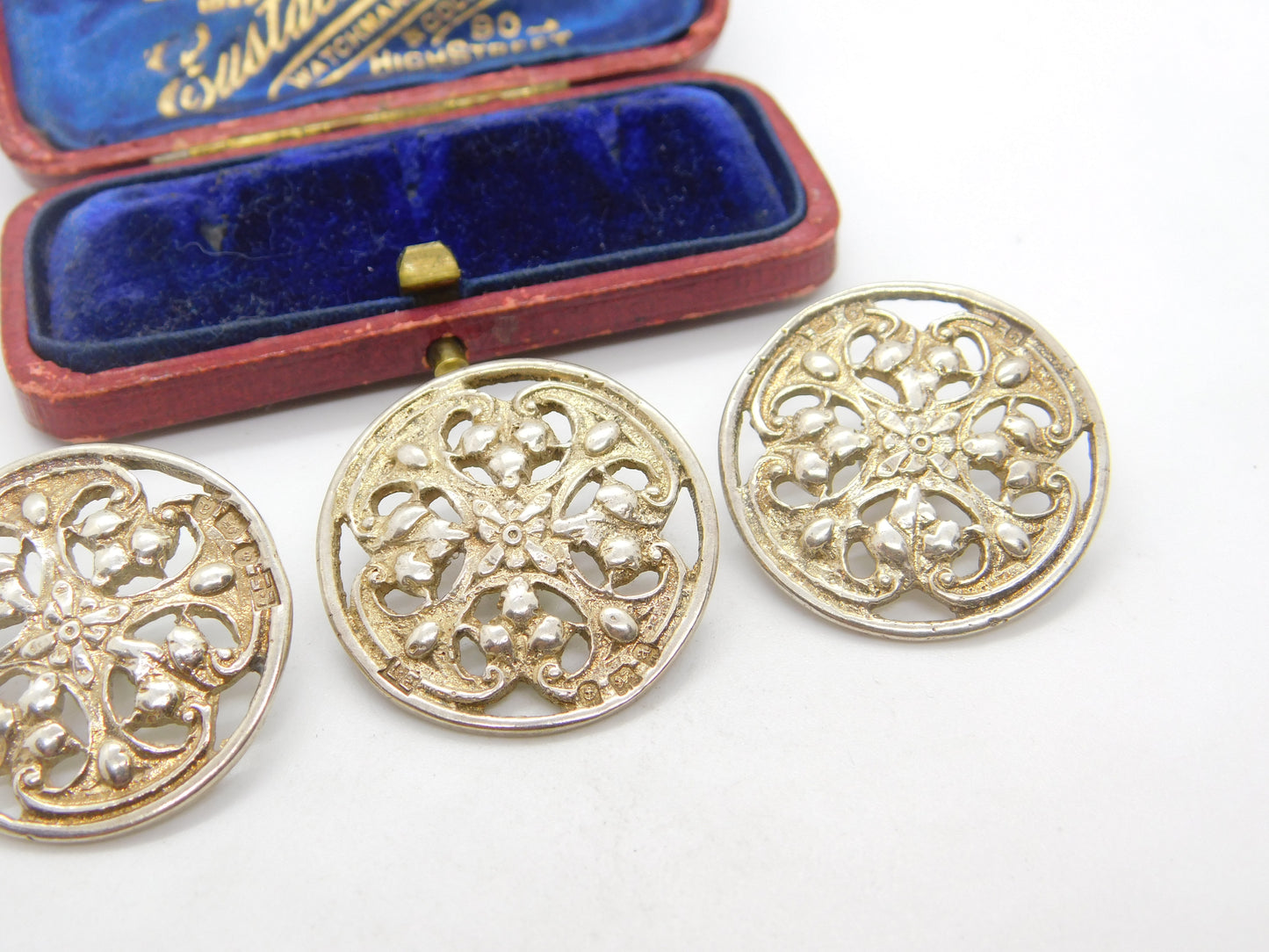 Set of Three Victorian Sterling Silver Art Nouveau Buttons 1900 Birmingham