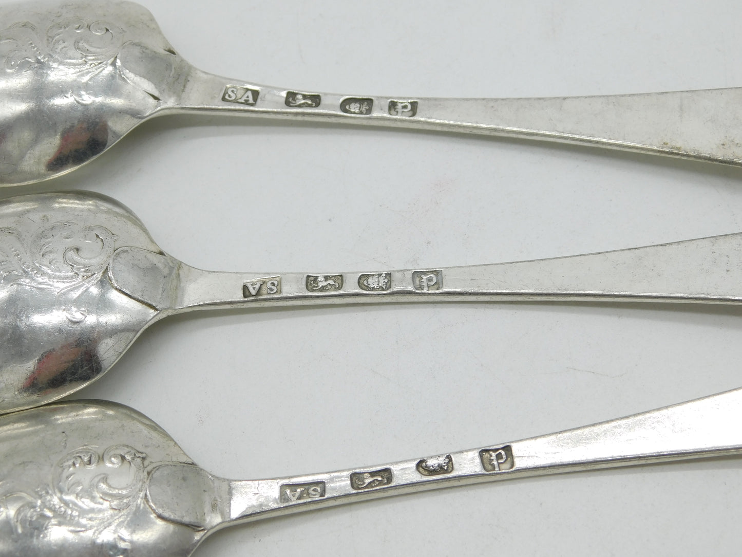 George III Sterling Silver Hanoverian Serving Spoon Set Scroll Back 1770 Antique