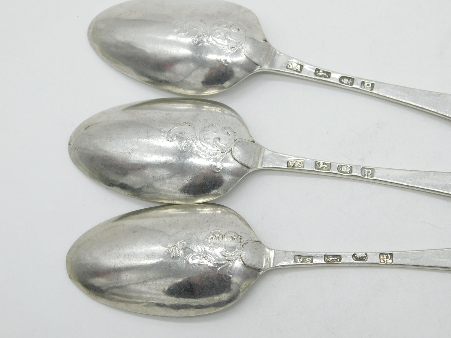 George III Sterling Silver Hanoverian Serving Spoon Set Scroll Back 1770 Antique