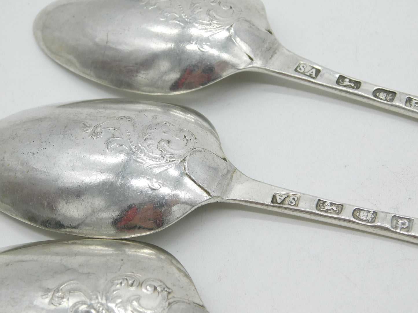 George III Sterling Silver Hanoverian Serving Spoon Set Scroll Back 1770 Antique