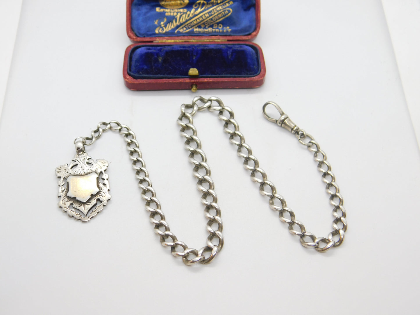 Edwardian Sterling Silver Graduating Albert Watch Chain with Fob Antique c1910