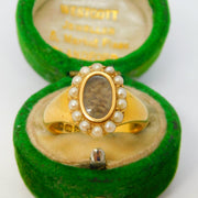 18ct Yellow Gold, Seed Pearl & Hair Set Mourning Ring Antique 1913 Chester