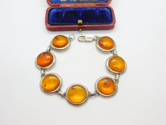 Sterling Silver & Baltic Amber Set Panel Bracelet 7.5" Length Vintage c1970
