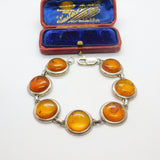 Sterling Silver & Baltic Amber Set Panel Bracelet 7.5" Length Vintage c1970
