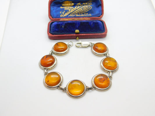 Sterling Silver & Baltic Amber Set Panel Bracelet 7.5" Length Vintage c1970