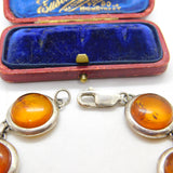 Sterling Silver & Baltic Amber Set Panel Bracelet 7.5" Length Vintage c1970