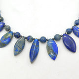 Rolled Gold Carved Lapis Lazuli Feather Pattern Necklace Vintage c1960